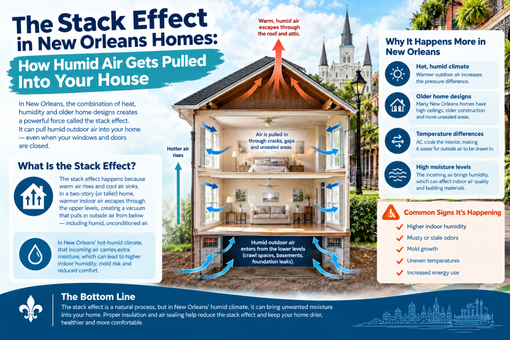 Cutaway illustration of a house showing how humid air enters from below and exits through the attic, with text explaining the stack effect in New Orleans homes and contributing climate factors.