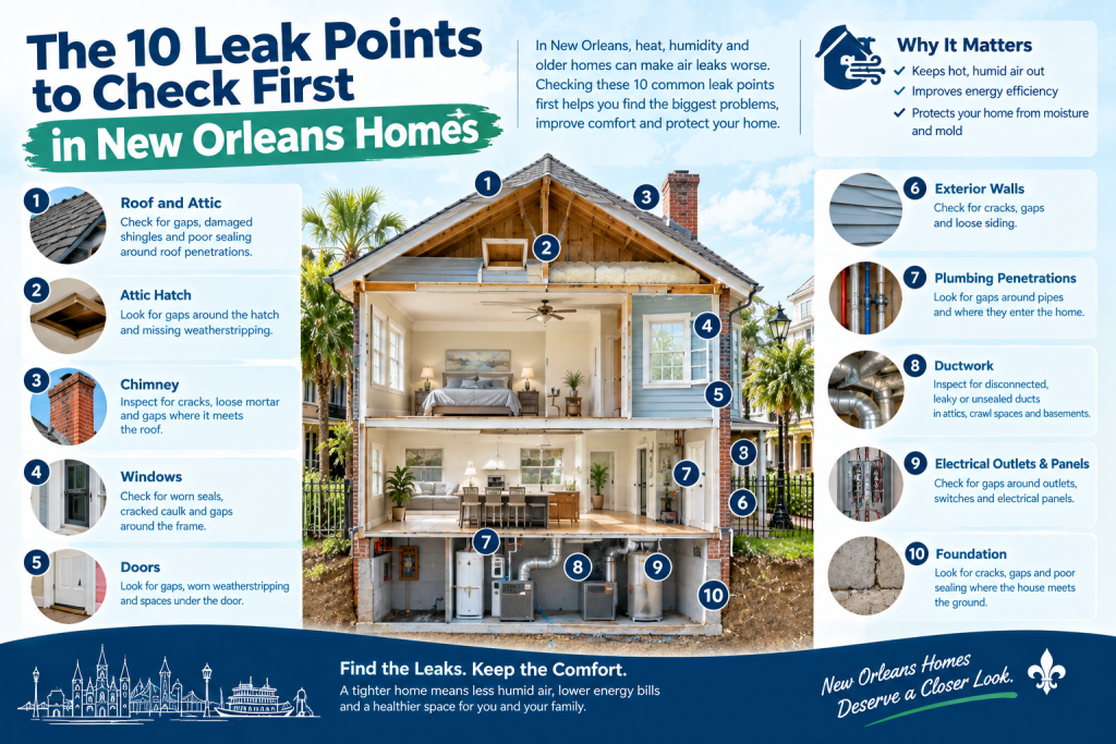 Cross-section of a house shows 10 key leak points, including roof, attic, chimney, windows, doors, walls, plumbing, ductwork, outlets, and foundation, with tips for New Orleans homes.