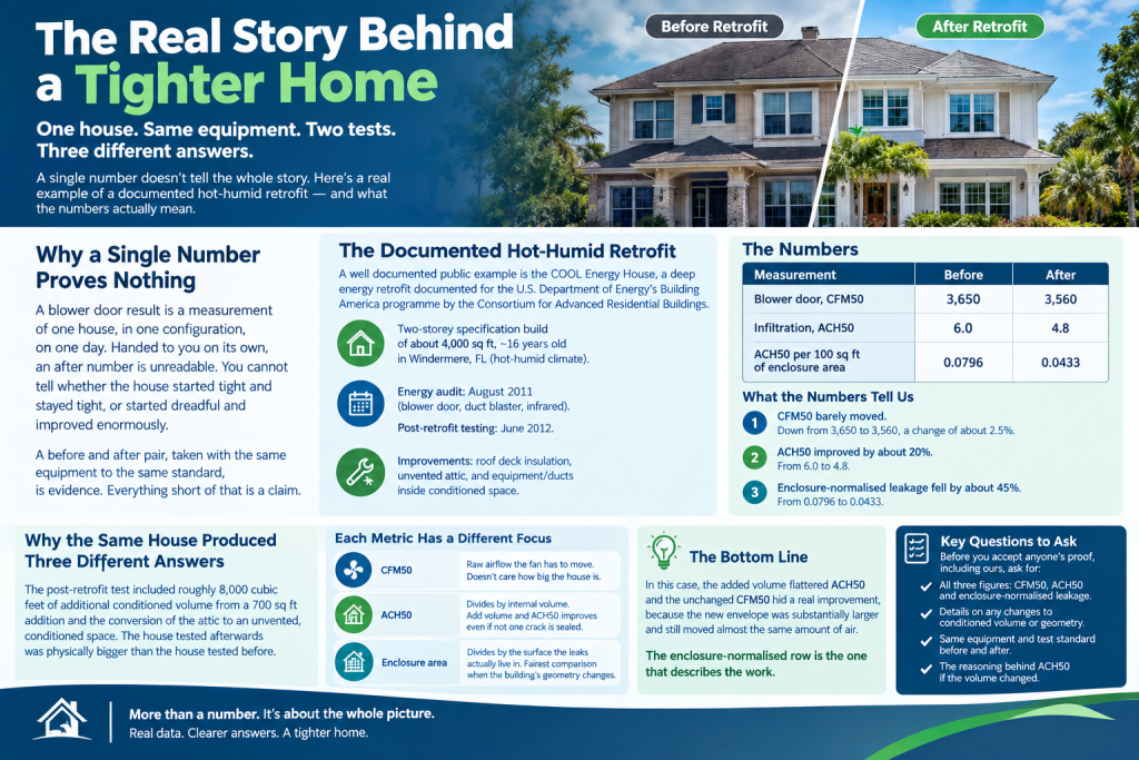 Infographic titled “The Real Story Behind a Tighter Home” compares home retrofit test results and explains hot-humid retrofit measurements, with summary tables and key questions for better evaluation.